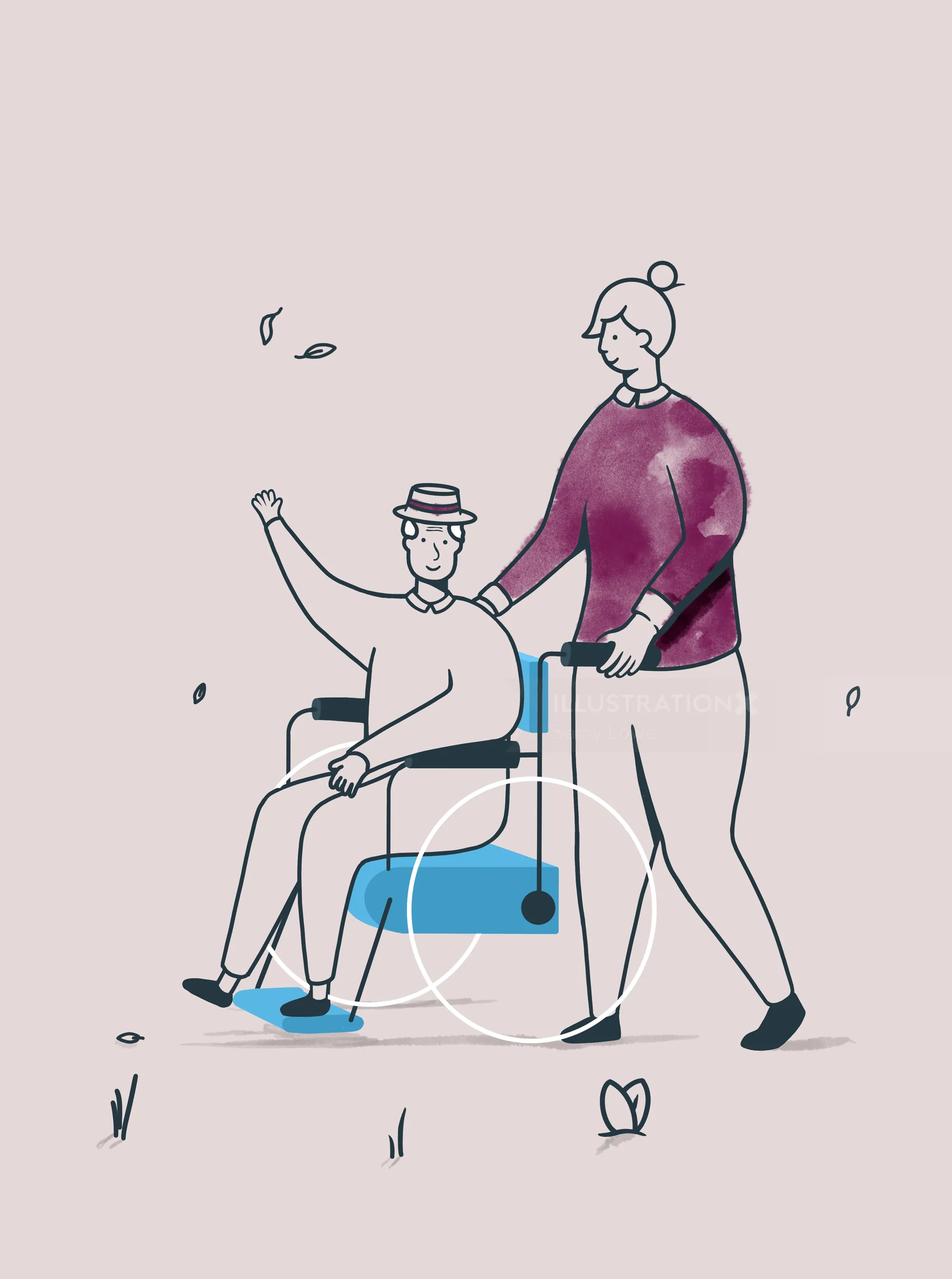 Illustration of person pushing wheelchair with another person, by Samy Löwe