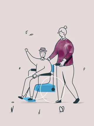 Illustration of person pushing wheelchair with another person, by Samy Löwe