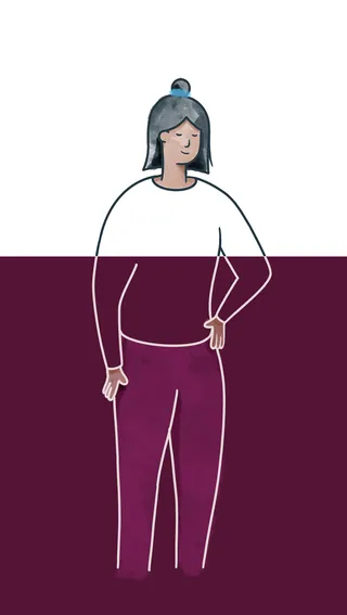 Stylized woman standing with short hair and hand on hip by Samy Löwe