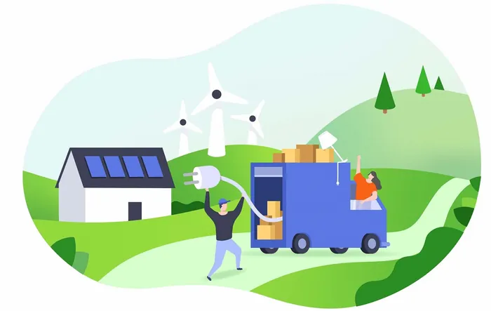 Electric van charging near solar panels and wind turbines by Samy Löwe