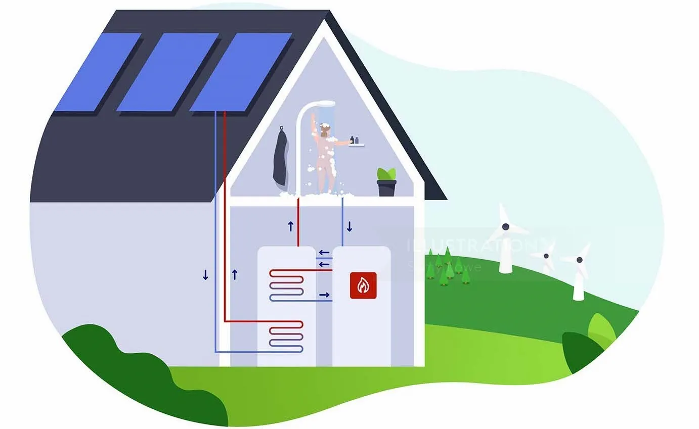 House with solar panels and heating system pipes by Samy Löwe