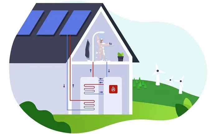 House with solar panels and heating system pipes by Samy Löwe