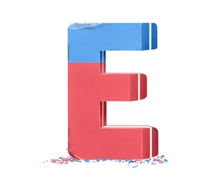 3D letter E block in red and blue by Samy Löwe