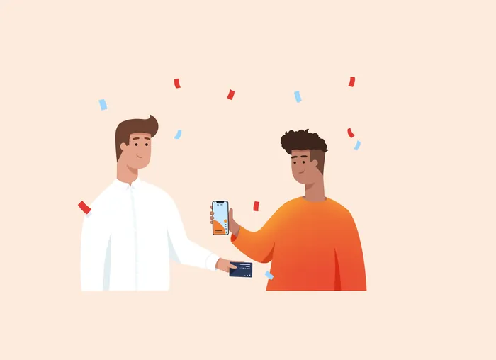 Two men using phone and card for mobile payment illustration by Samy Löwe