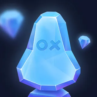 Blue crystal with OX symbol glowing on dark background by Samy Löwe