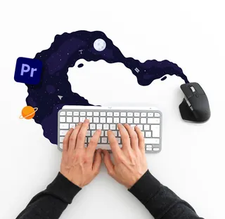 Hands typing on keyboard with space-themed digital icons by Samy Löwe