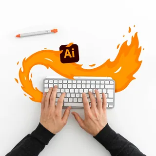 Hands typing on keyboard with fiery Adobe Illustrator logo, artwork by Samy Löwe