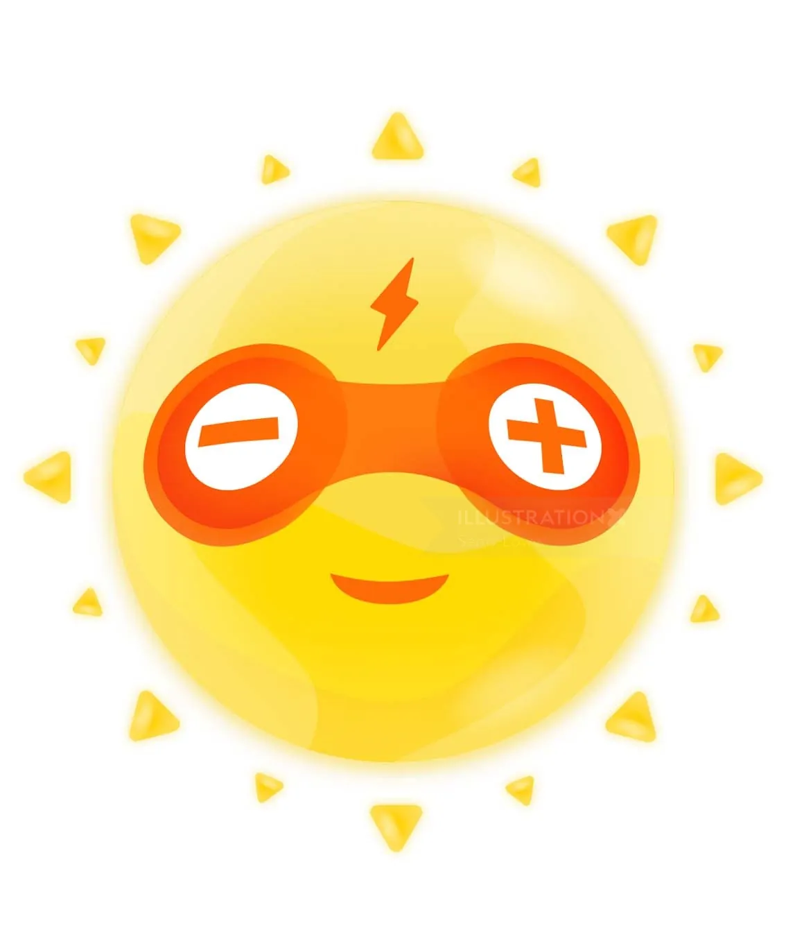 Smiling sun with positive and negative goggles by Samy Löwe