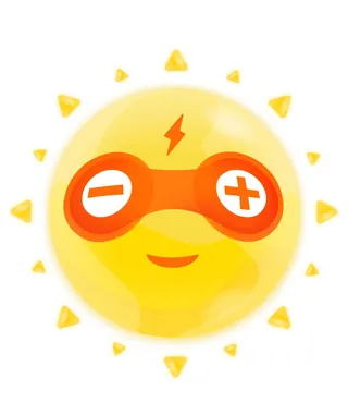 Smiling sun with positive and negative goggles by Samy Löwe