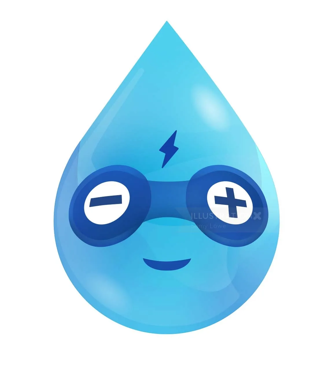 Smiling blue water drop wearing electric goggles by Samy Löwe