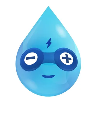 Smiling blue water drop wearing electric goggles by Samy Löwe