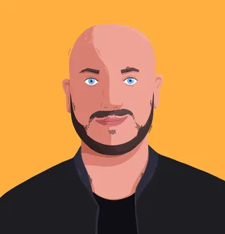 Digital portrait of a bald man with blue eyes and beard by Samy Löwe