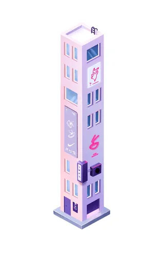 Isometric tall pink building with windows and signs, illustration by Samy Löwe