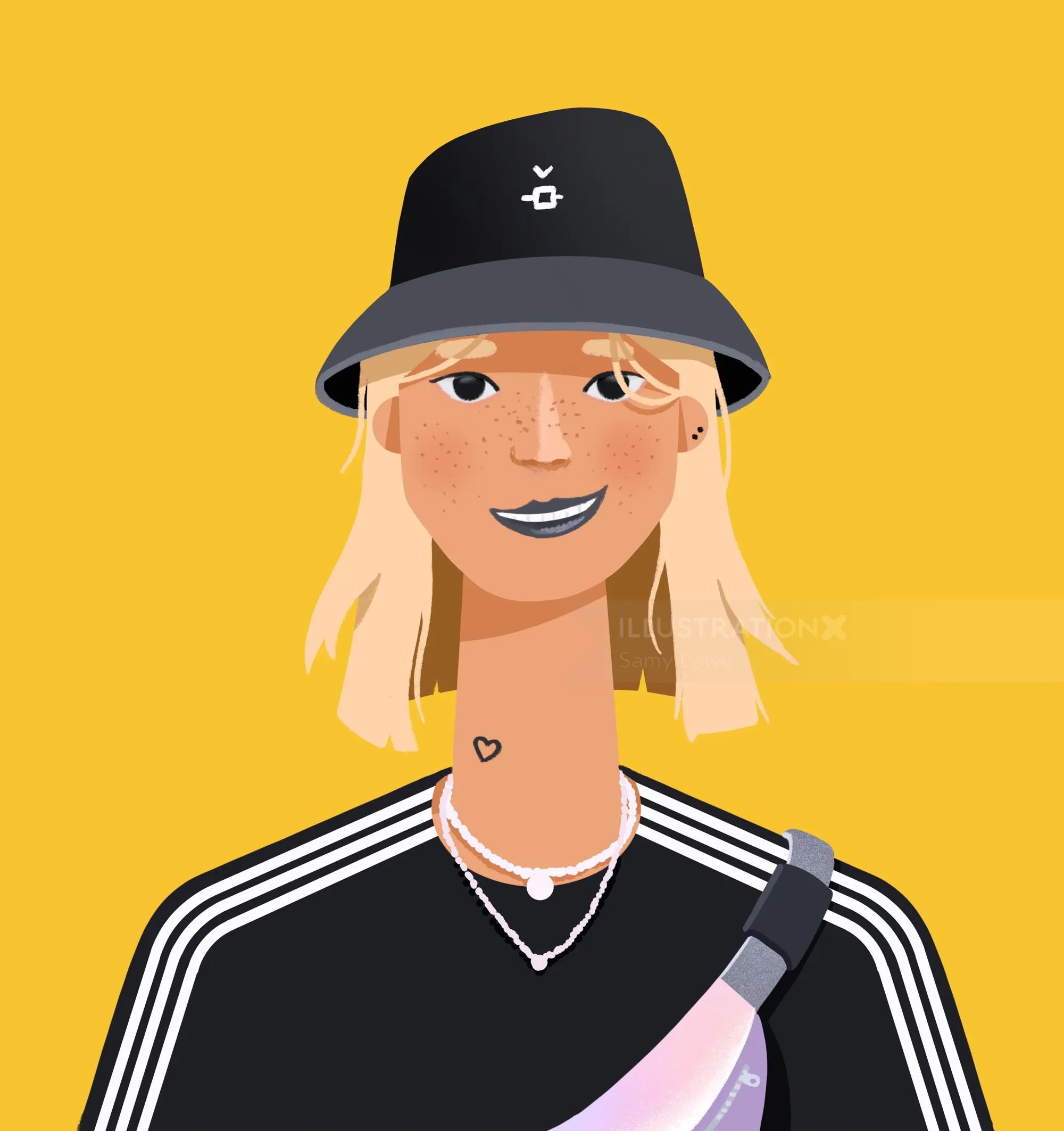Smiling woman in black Adidas tracksuit and bucket hat by Samy Löwe
