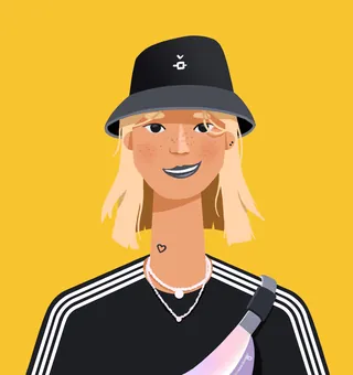 Smiling woman in black Adidas tracksuit and bucket hat by Samy Löwe
