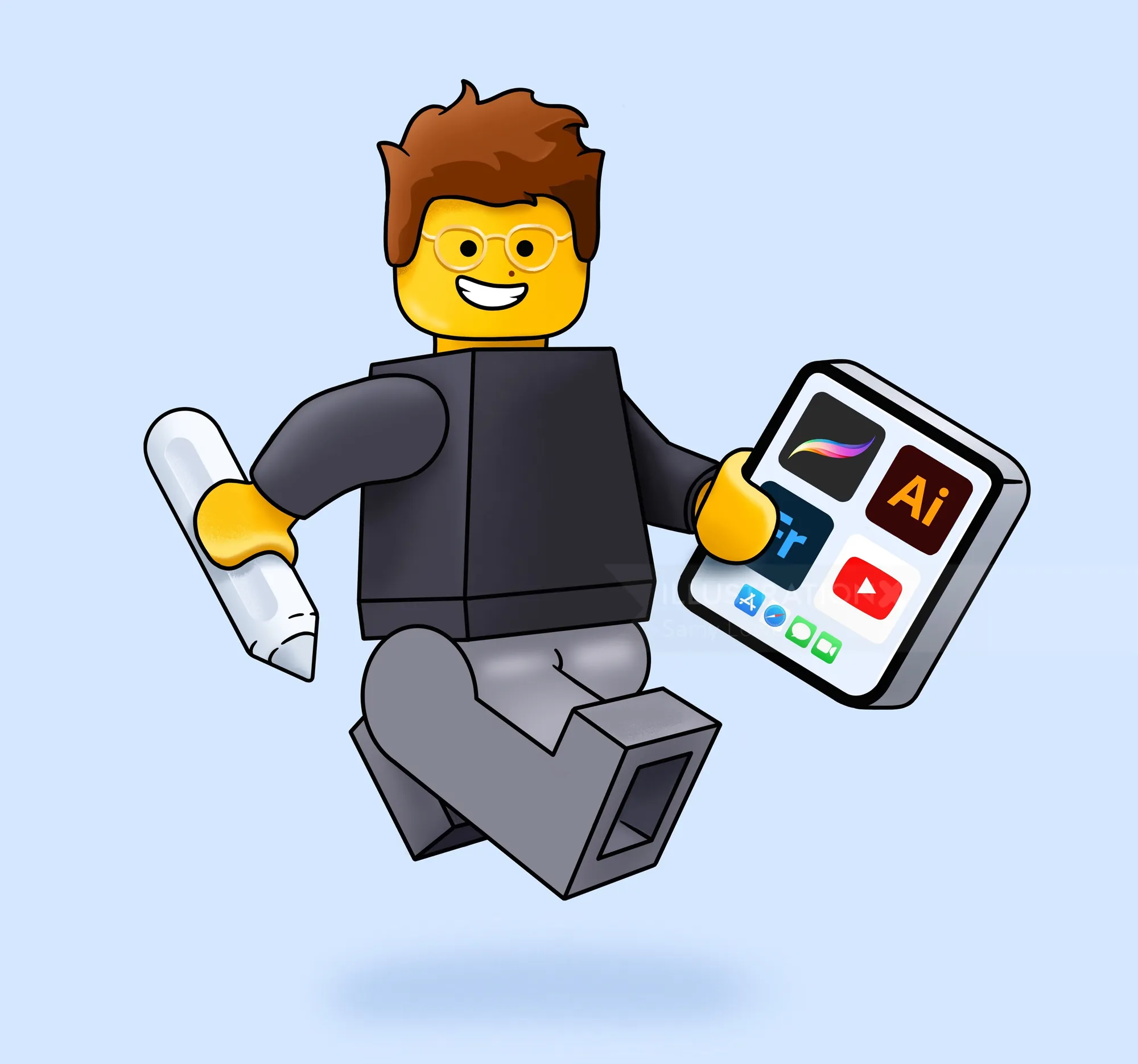 Lego-style figure holding digital tablet and pen by Samy Löwe