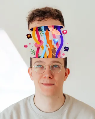 Man with glasses and colorful digital art coming out of head by Samy Löwe