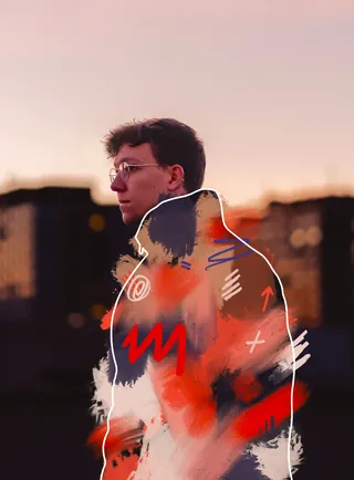 Side profile of a young man with glasses and abstract colorful brush strokes by Samy Löwe