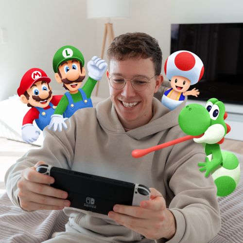 Person playing Nintendo Switch with Mario, Luigi, Toad, and Yoshi near them by Samy Löwe