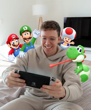 Person playing Nintendo Switch with Mario, Luigi, Toad, and Yoshi near them by Samy Löwe