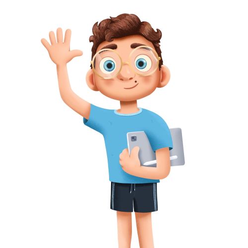 Cartoon boy waving holding phone and tablet by Samy Löwe
