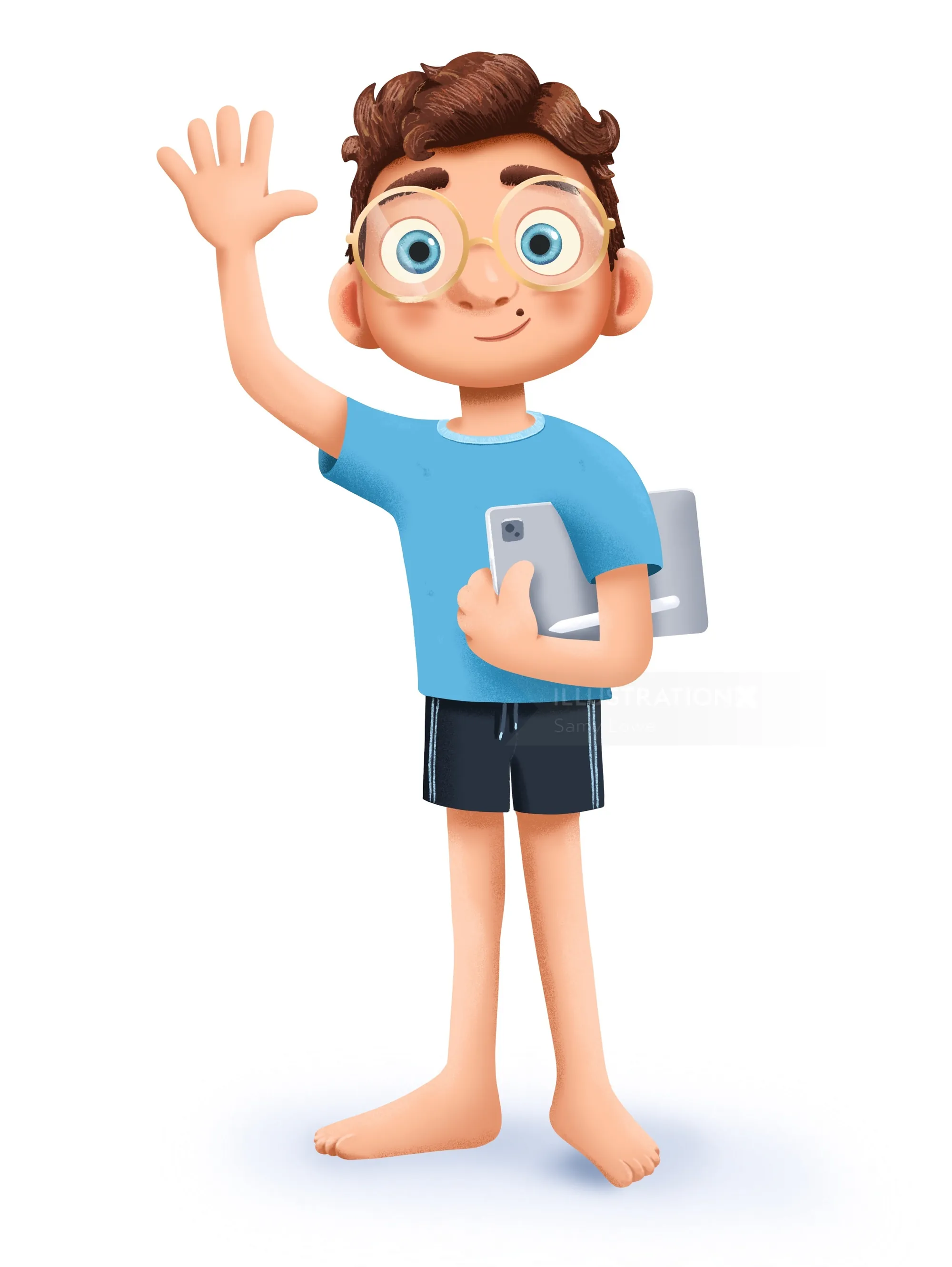 Cartoon boy waving holding phone and tablet by Samy Löwe