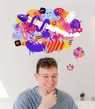 Smiling man with creative colorful thought bubble by Samy Löwe