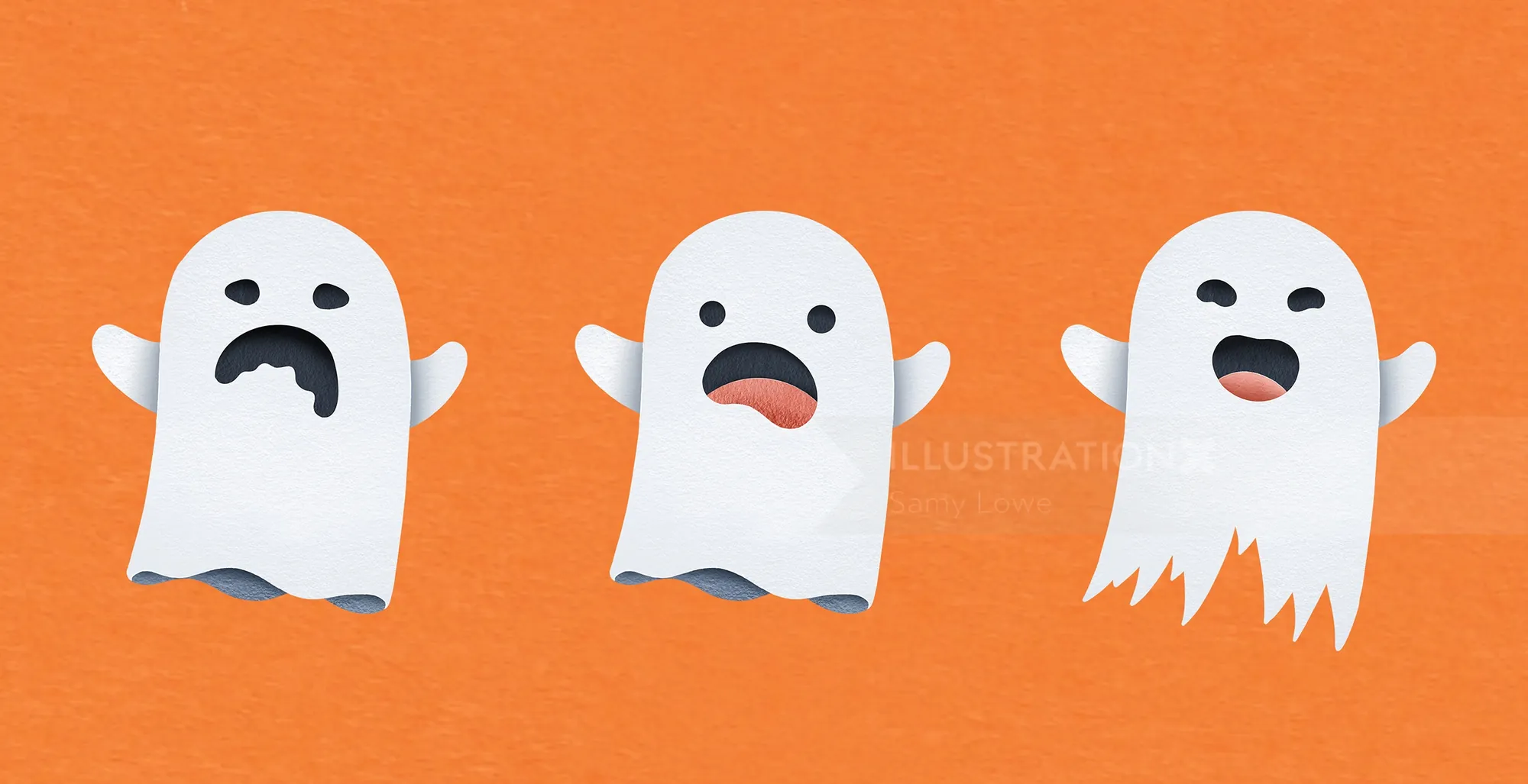 Three white cartoon ghosts with sad, surprised, and happy faces on orange