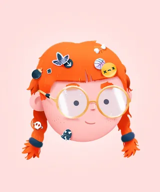 3D cartoon girl with orange braided hair and round glasses