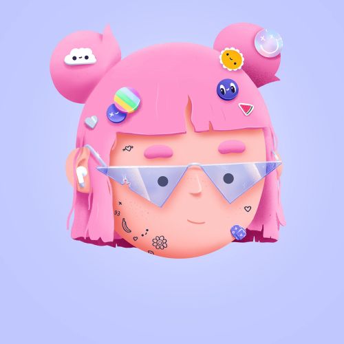 3D pink-haired cartoon face with stickers and triangular glasses on purple background