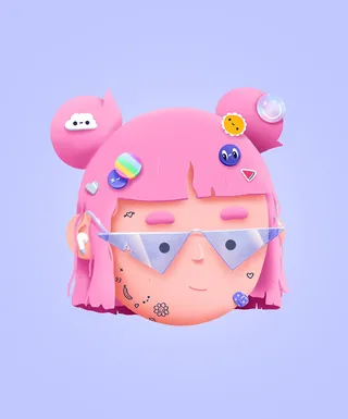 3D pink-haired cartoon face with stickers and triangular glasses on purple background