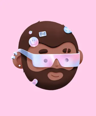 3D bearded head with VR glasses and decorative patches on pink background