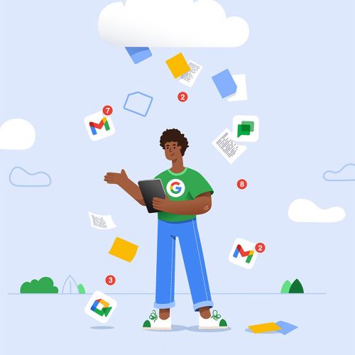 Person holding tablet with Google app icons and notifications around