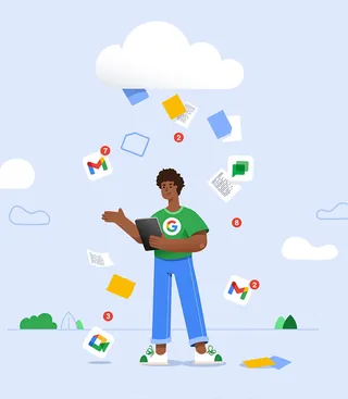 Person holding tablet with Google app icons and notifications around