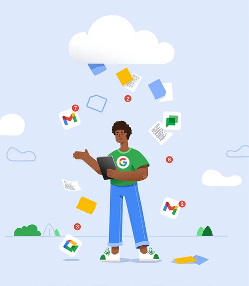 Person holding tablet with Google app icons and notifications around