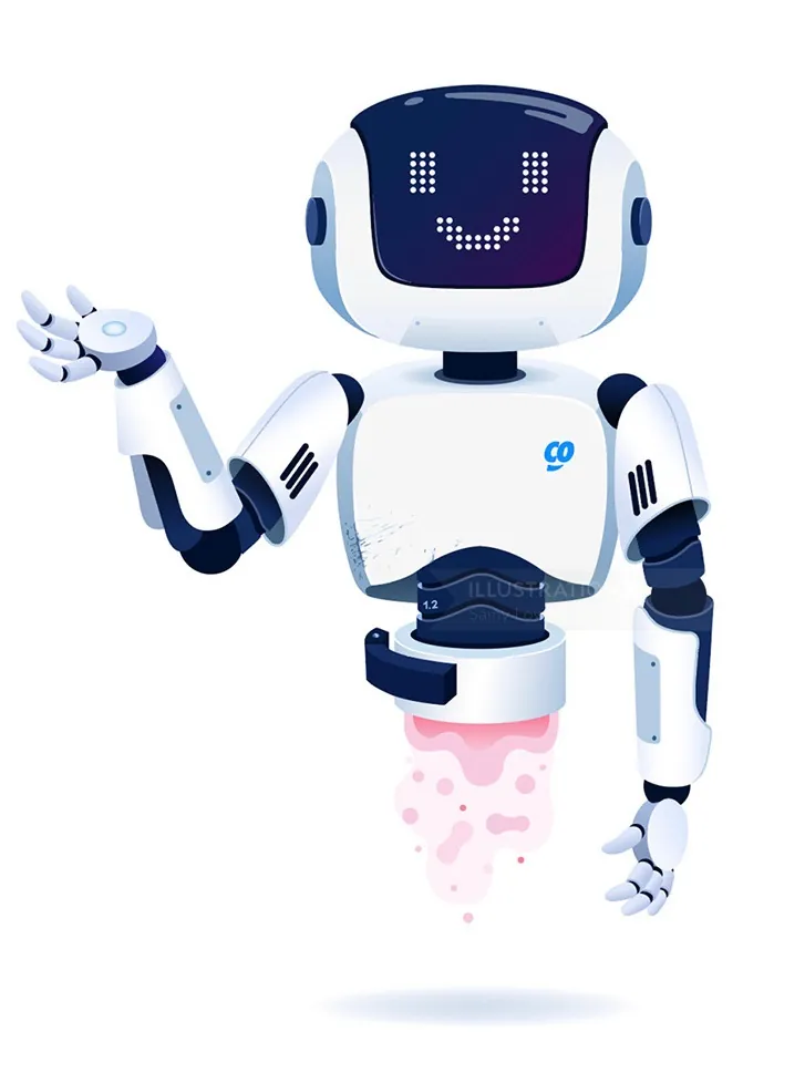 Smiling white and blue robot waving with digital face
