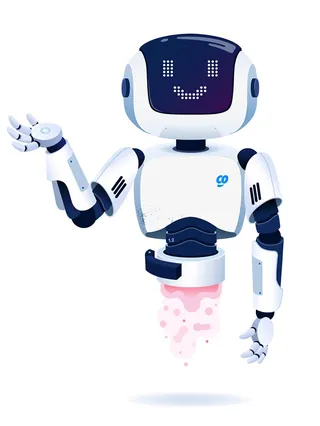Smiling white and blue robot waving with digital face