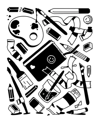 Black and white art supplies including brushes, palette, paint tubes, and pens scattered.