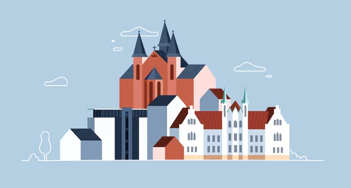 Illustration of town with castle and houses on a blue background