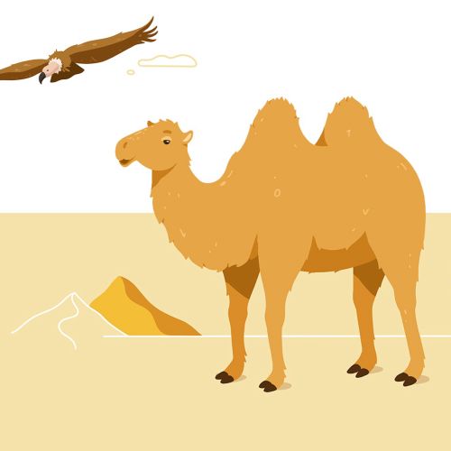 Camel standing in desert with eagle flying overhead and scorpion on ground