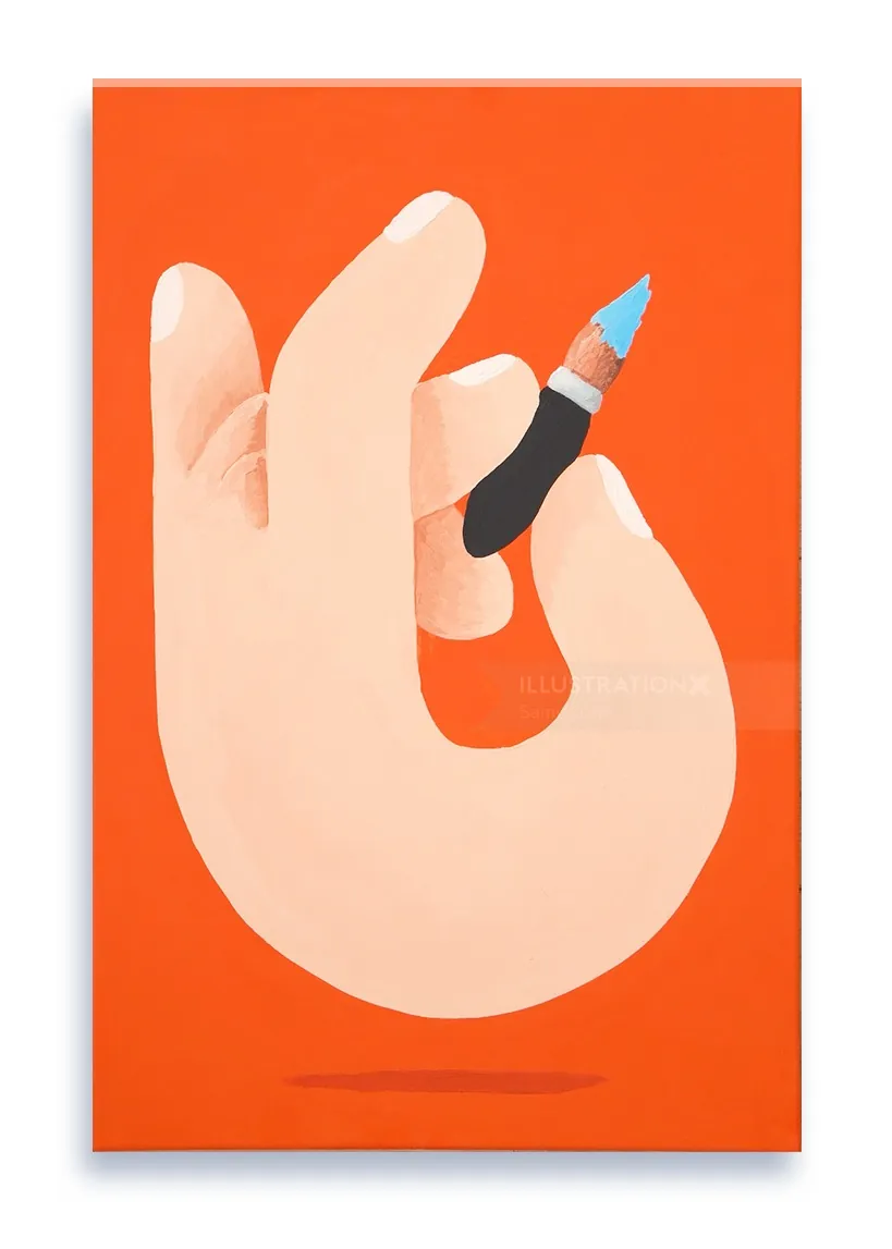 Hand holding a tiny blue pen nib on an orange background