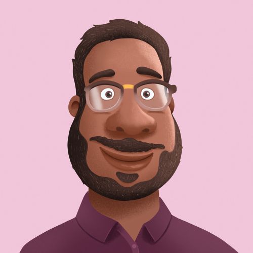 Illustration of smiling man with glasses and beard on pink background