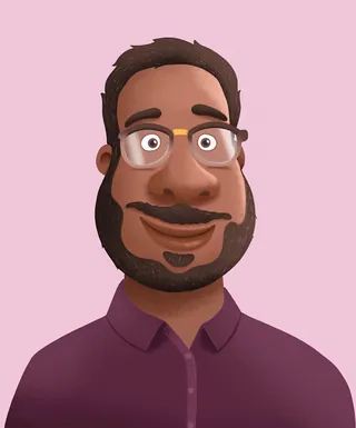 Illustration of smiling man with glasses and beard on pink background