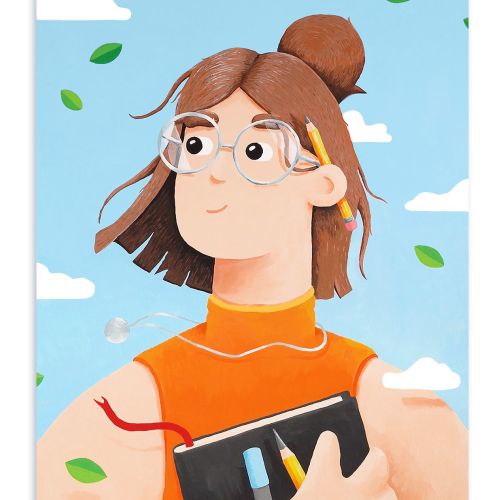 Woman with glasses and orange top holding notebook with leaves flying