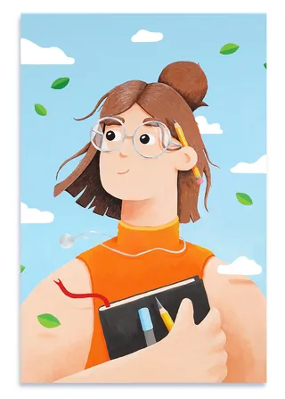 Woman with glasses and orange top holding notebook with leaves flying