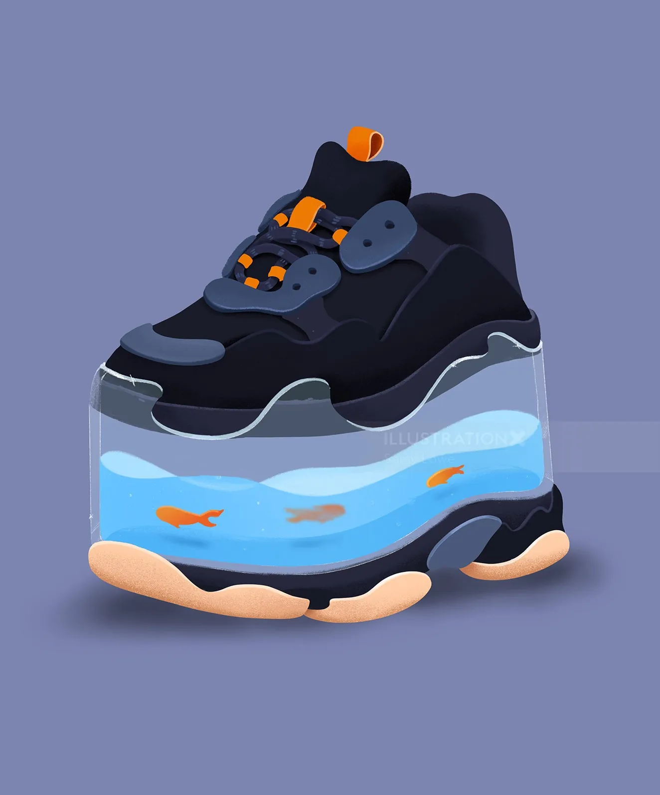 Black sneaker with clear sole filled with water and swimming goldfish