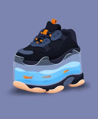 Black sneaker with clear sole filled with water and swimming goldfish
