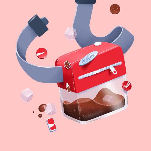 Soda bottle waist bag with cola and ice cubes floating on pink background