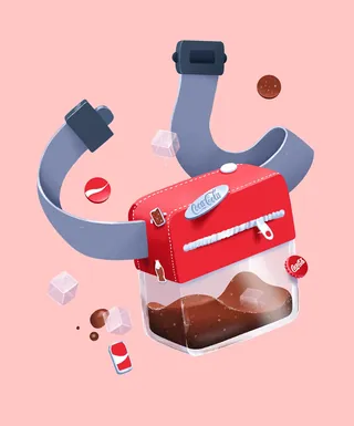 Soda bottle waist bag with cola and ice cubes floating on pink background