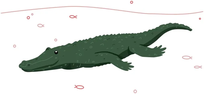 Green crocodile swimming underwater with small fish around
